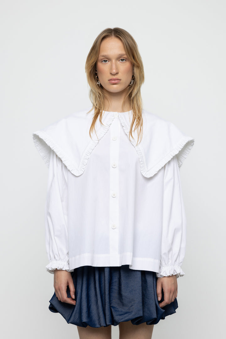 Ruffle Trim Oversized Sailor Shirt - White - Frontiers Woman