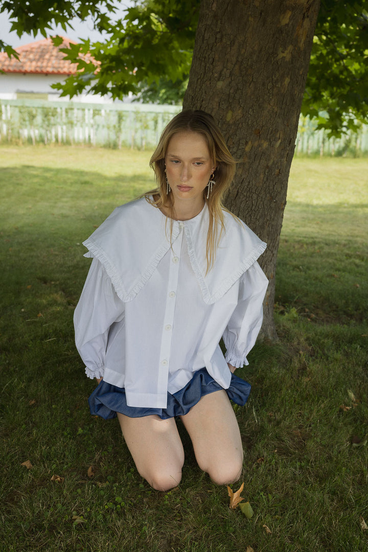 Ruffle Trim Oversized Sailor Shirt - White - Frontiers Woman