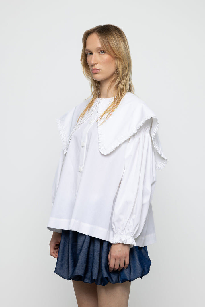Ruffle Trim Oversized Sailor Shirt - White - Frontiers Woman