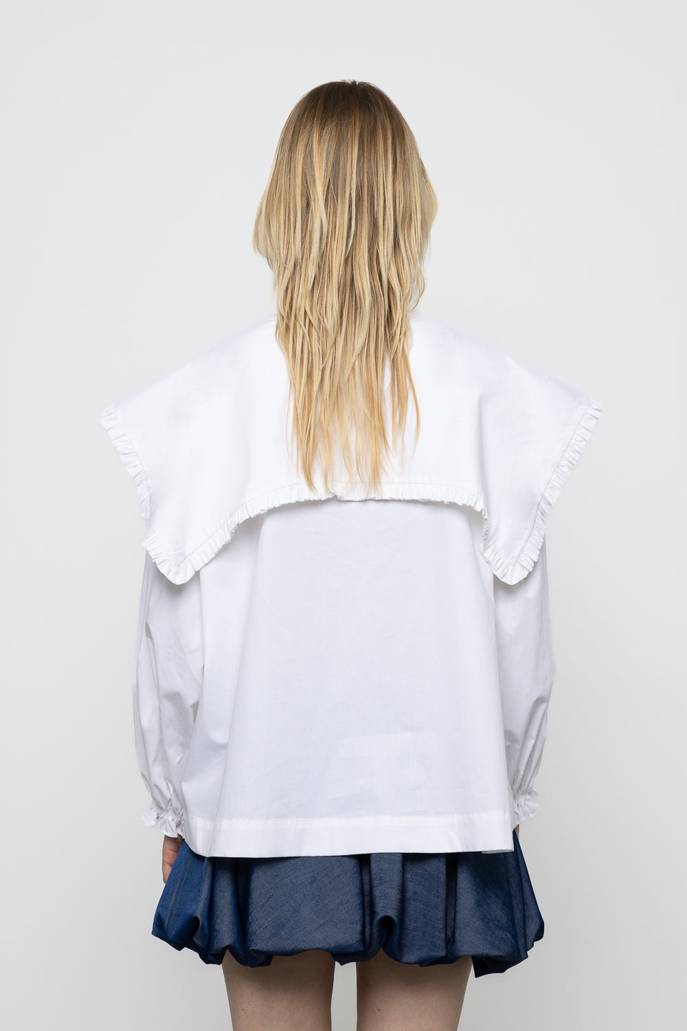 Ruffle Trim Oversized Sailor Shirt - White - Frontiers Woman