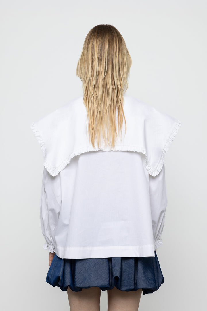 Ruffle Trim Oversized Sailor Shirt - White - Frontiers Woman