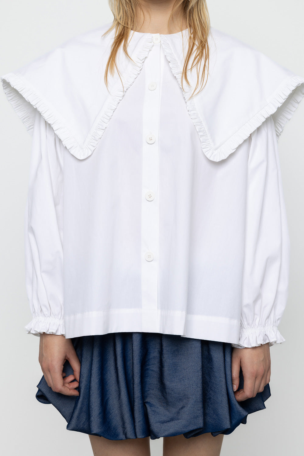 Ruffle Trim Oversized Sailor Shirt - White - Frontiers Woman