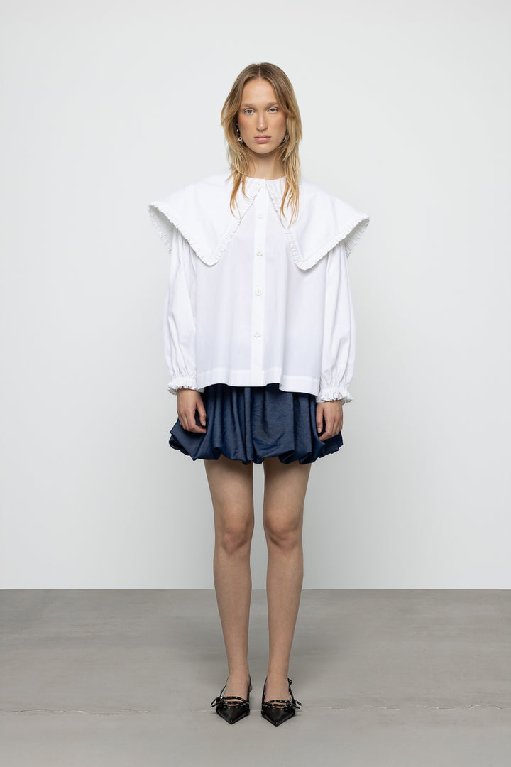 Ruffle Trim Oversized Sailor Shirt - White - Frontiers Woman