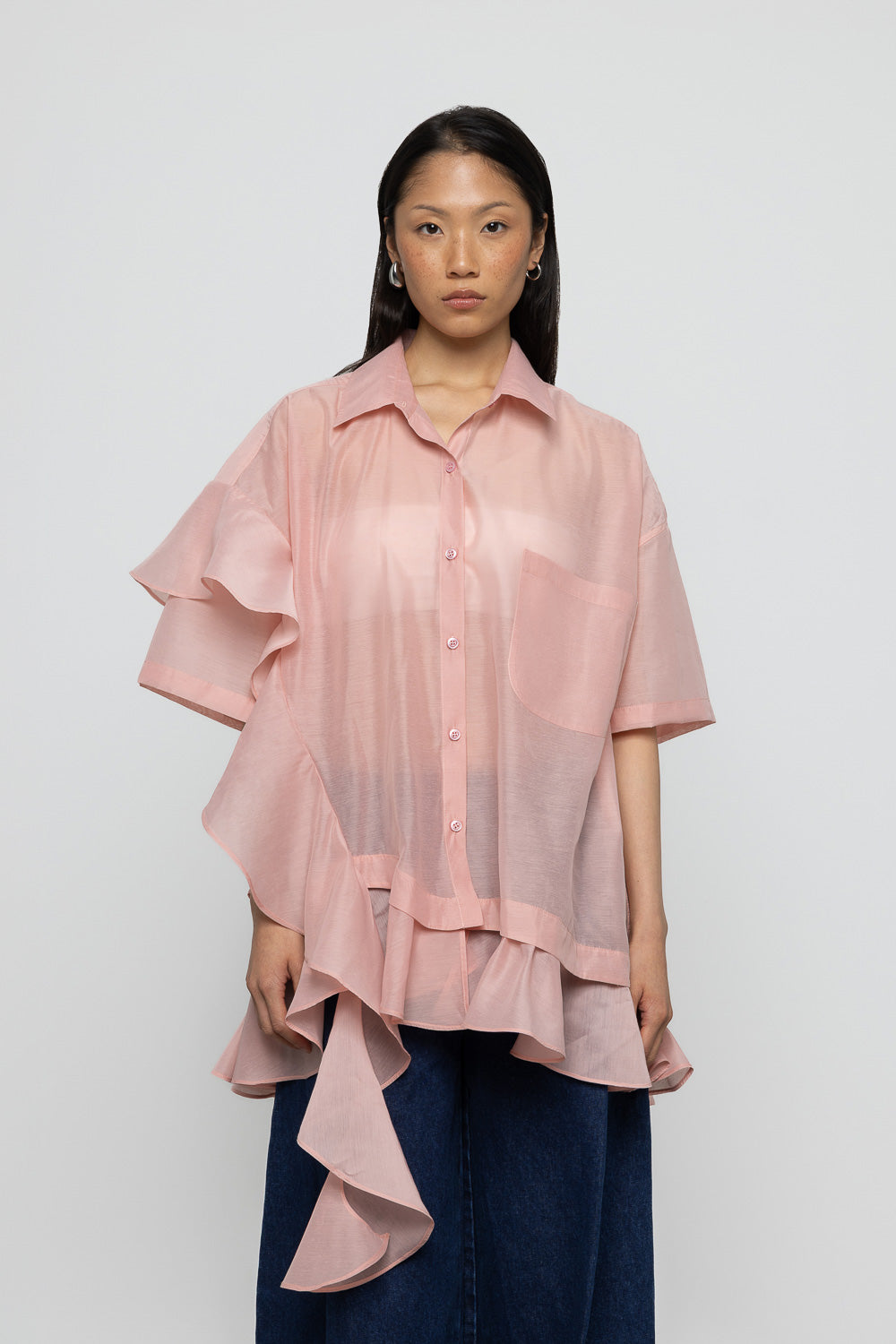 Asymmetric Frill Oversized Shirt - Pink - Frontiers Woman