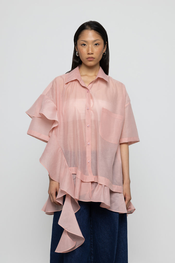 Asymmetric Frill Oversized Shirt - Pink - Frontiers Woman