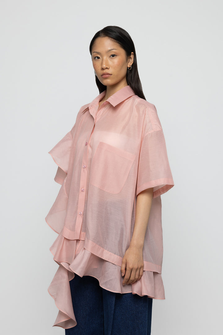 Asymmetric Frill Oversized Shirt - Pink - Frontiers Woman