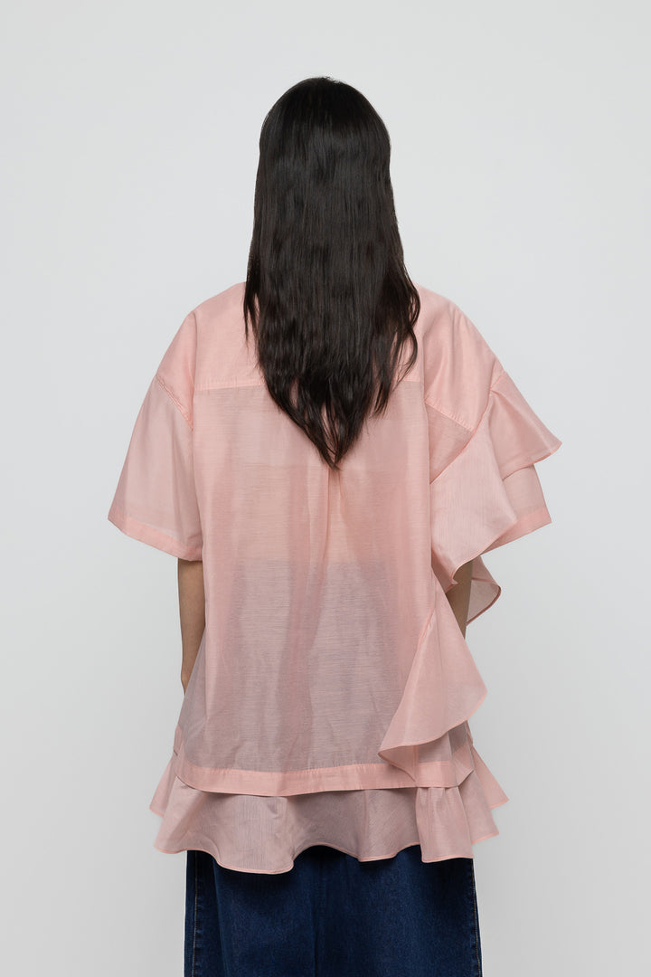 Asymmetric Frill Oversized Shirt - Pink - Frontiers Woman