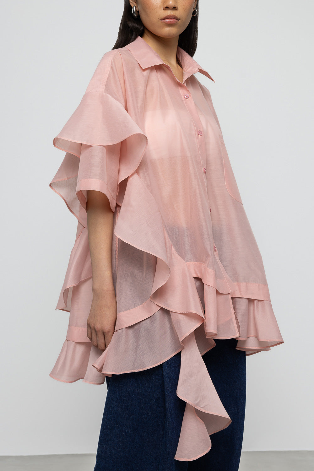 Asymmetric Frill Oversized Shirt - Pink - Frontiers Woman
