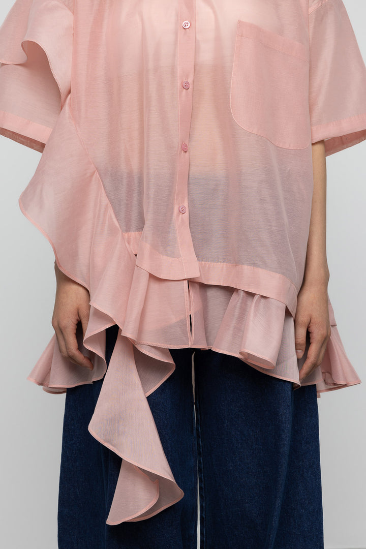 Asymmetric Frill Oversized Shirt - Pink - Frontiers Woman