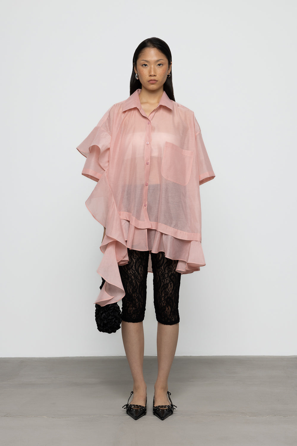 Asymmetric Frill Oversized Shirt - Pink - Frontiers Woman