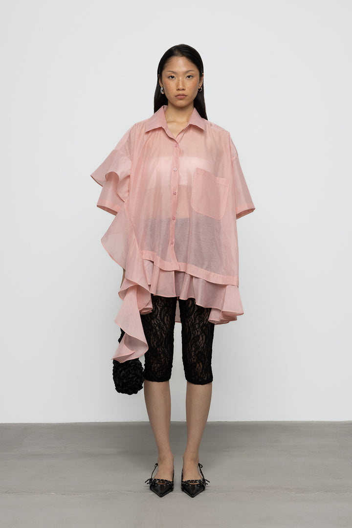 Asymmetric Frill Oversized Shirt - Pink - Frontiers Woman