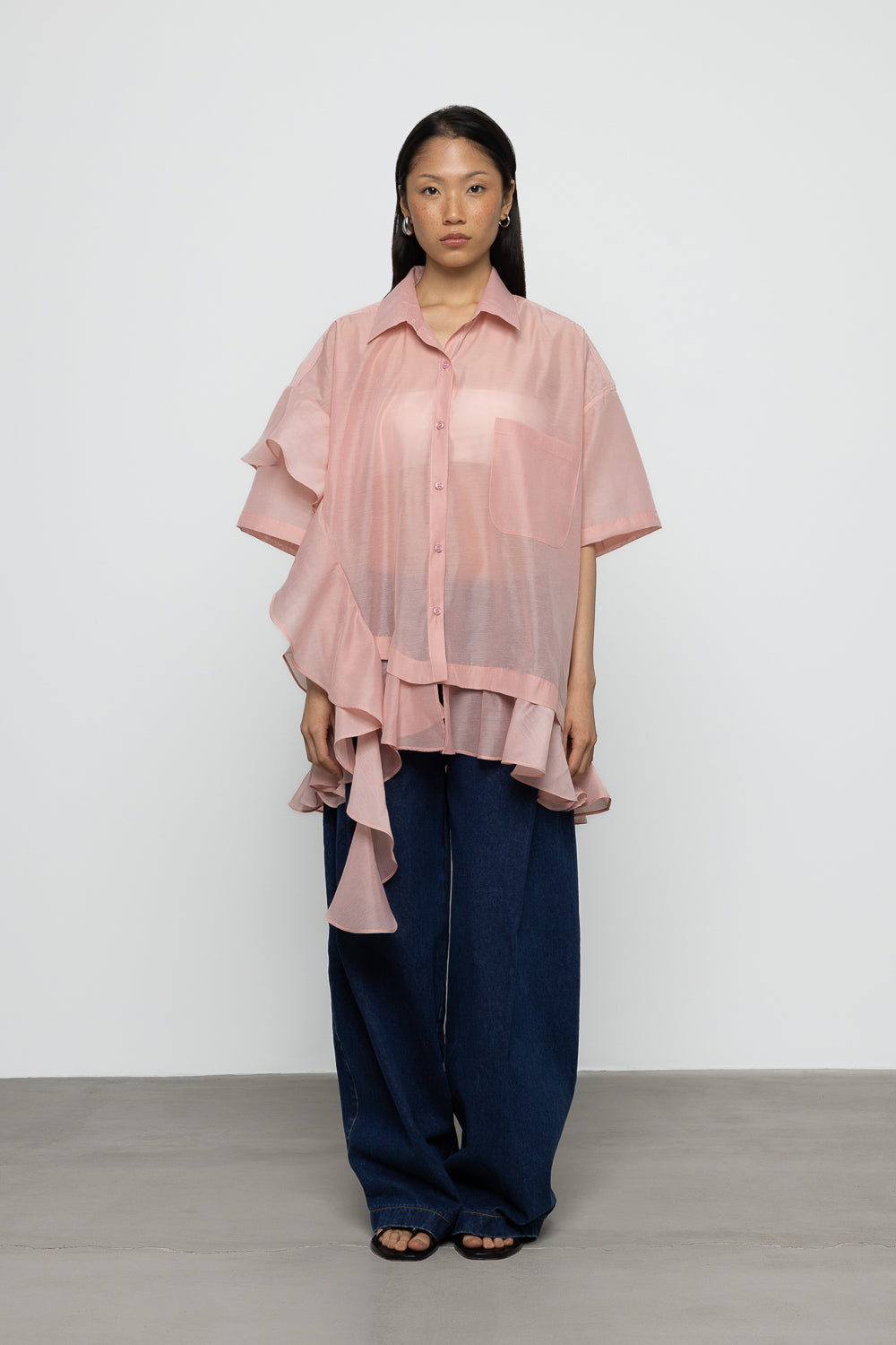 Asymmetric Frill Oversized Shirt - Pink - Frontiers Woman