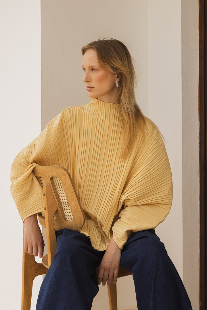 Sculpted Pleated High Neck Top - Yellow - Frontiers Woman