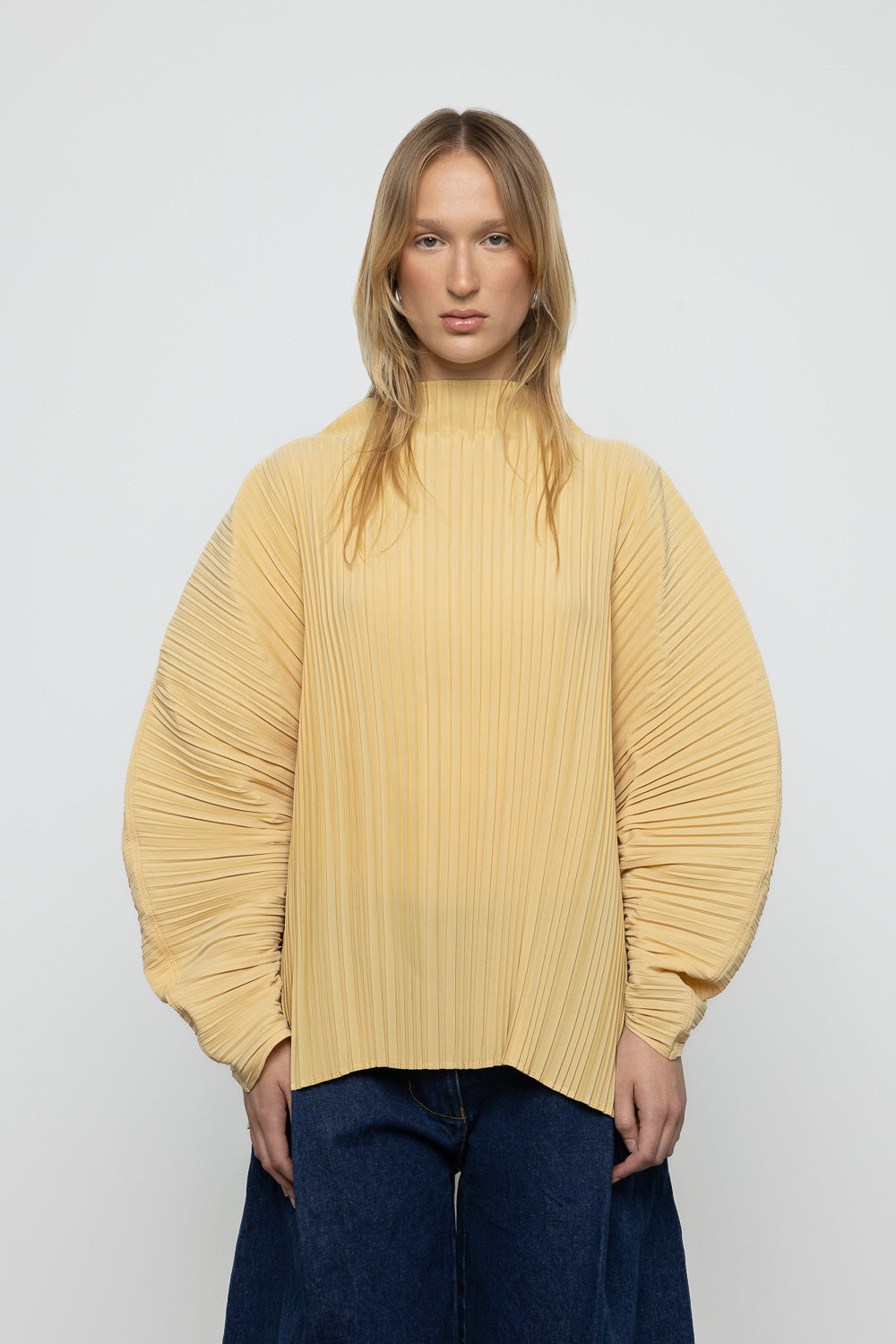 Sculpted Pleated High Neck Top - Yellow - Frontiers Woman