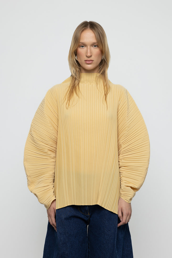 Sculpted Pleated High Neck Top - Yellow - Frontiers Woman
