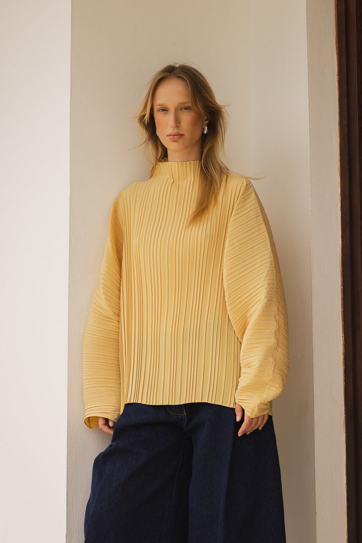 Sculpted Pleated High Neck Top - Yellow - Frontiers Woman