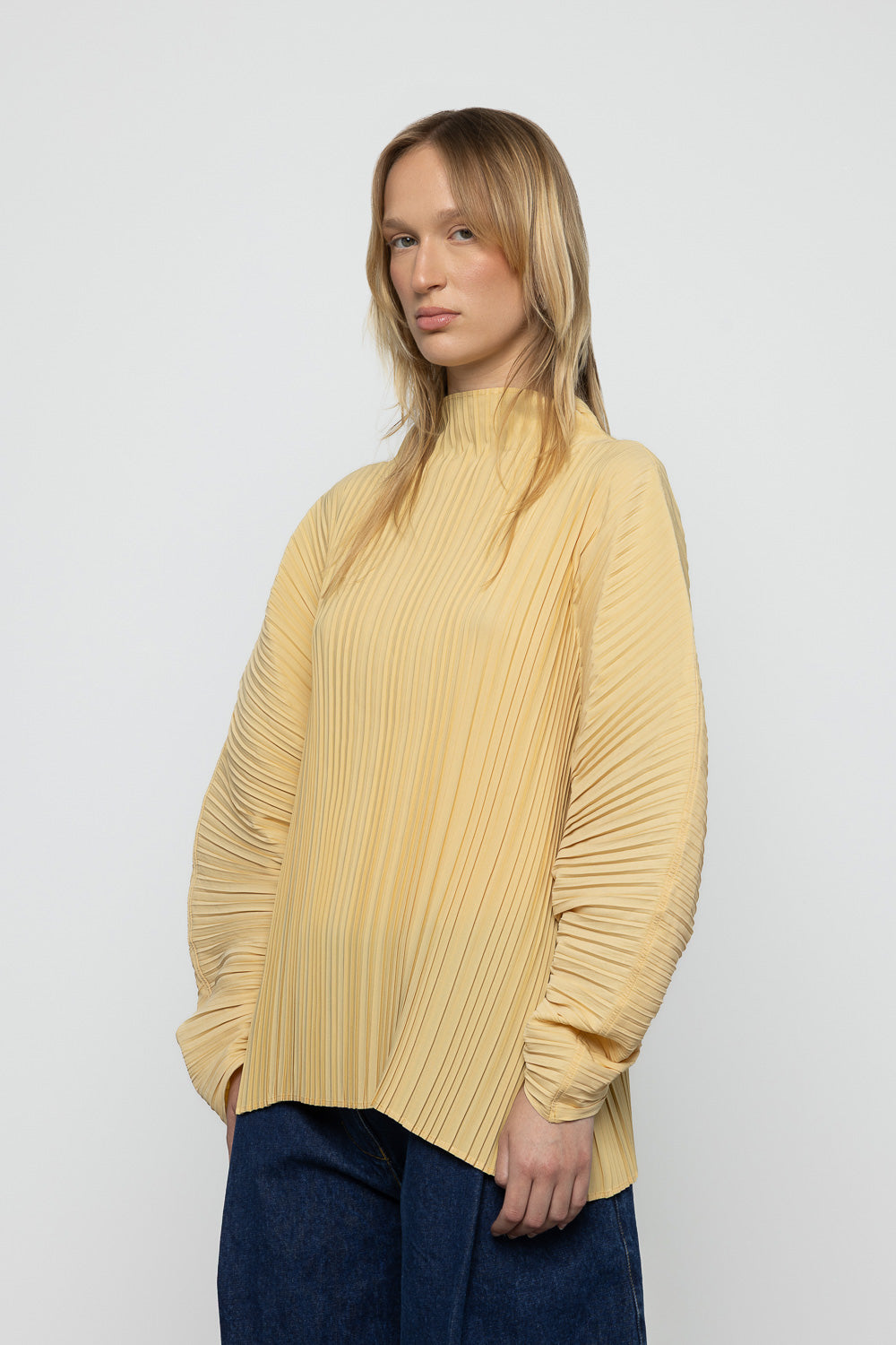 Sculpted Pleated High Neck Top - Yellow - Frontiers Woman