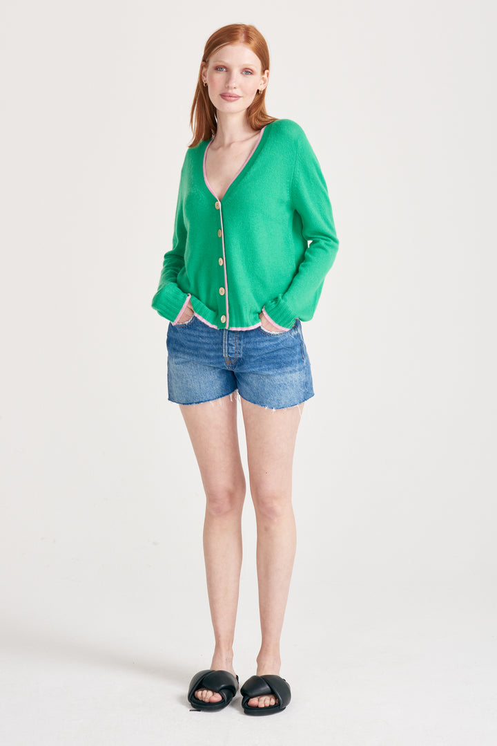 Contrast Tip Cashmere Cardigan - Bright Green/Rose