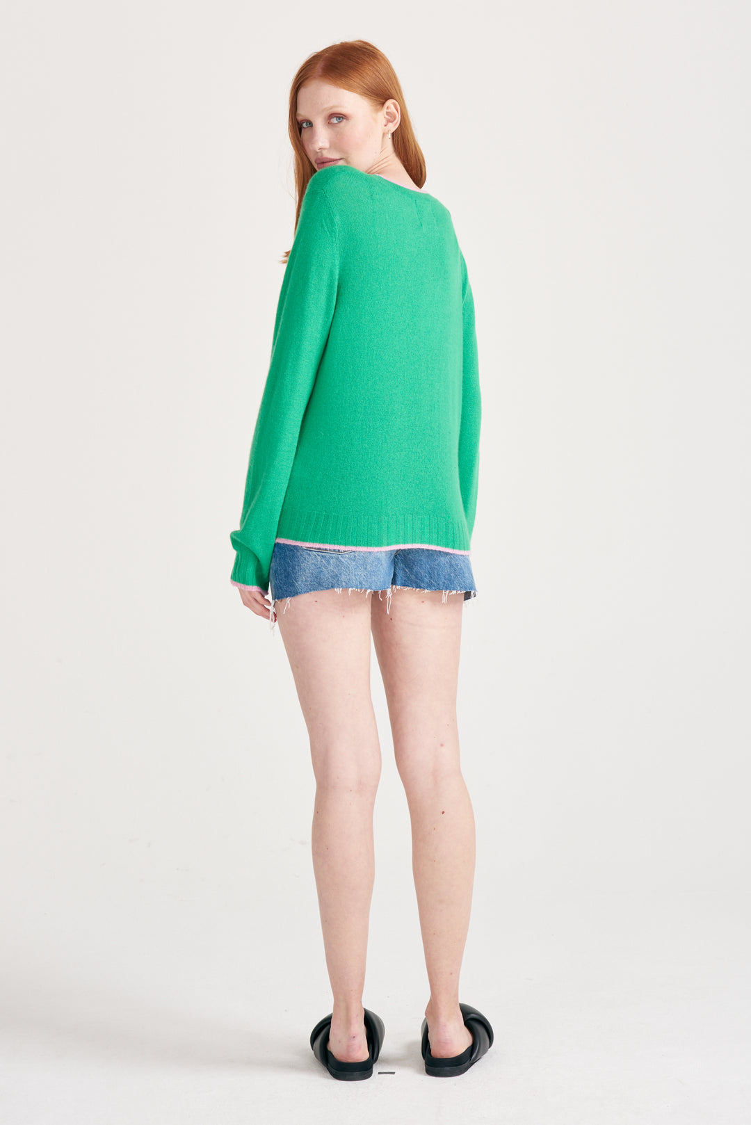 Contrast Tip Cashmere Cardigan - Bright Green/Rose
