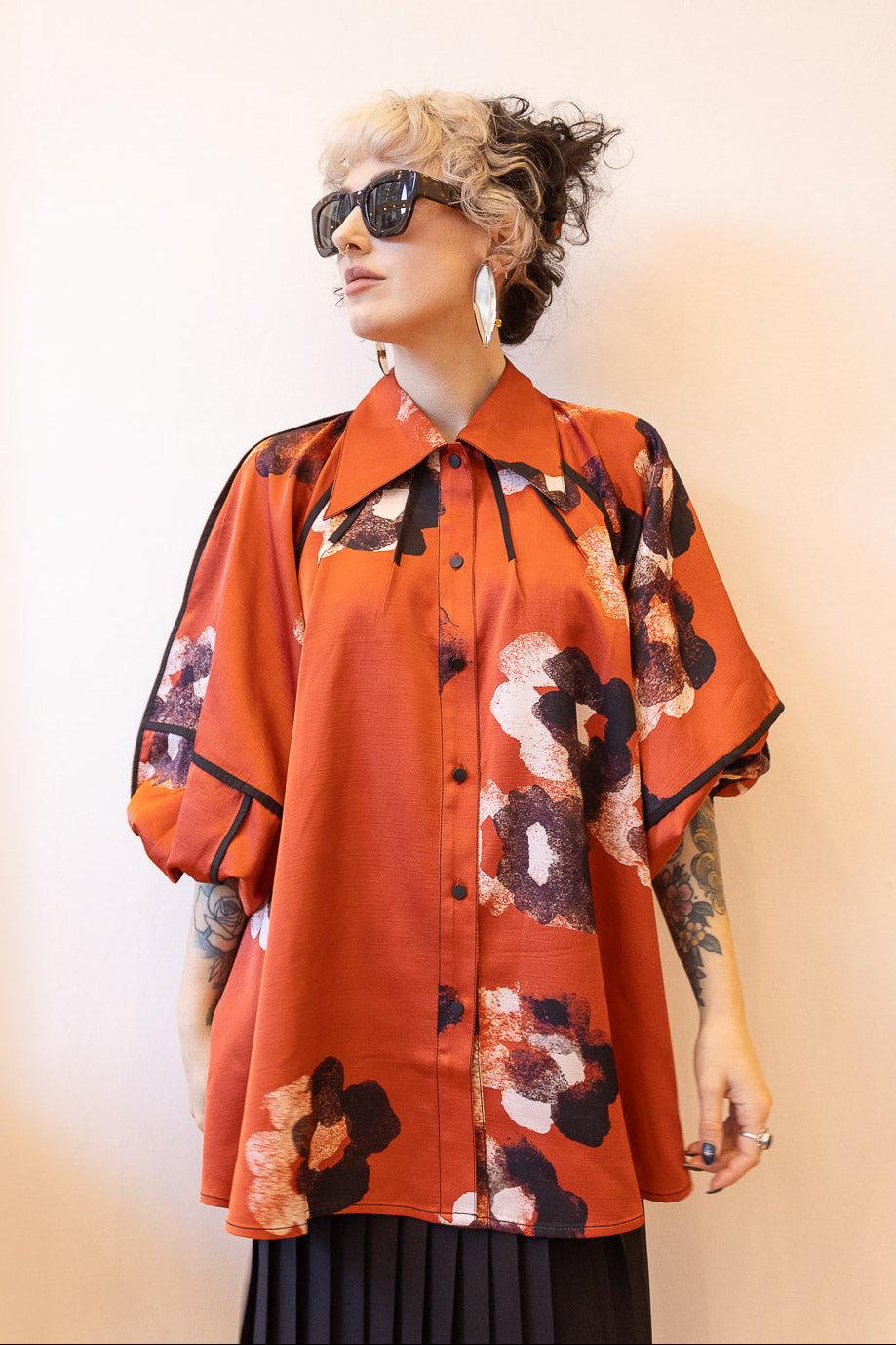 Classic Tilly Shirt - Crimson Red/Water Floral Print Viscose linen Satin