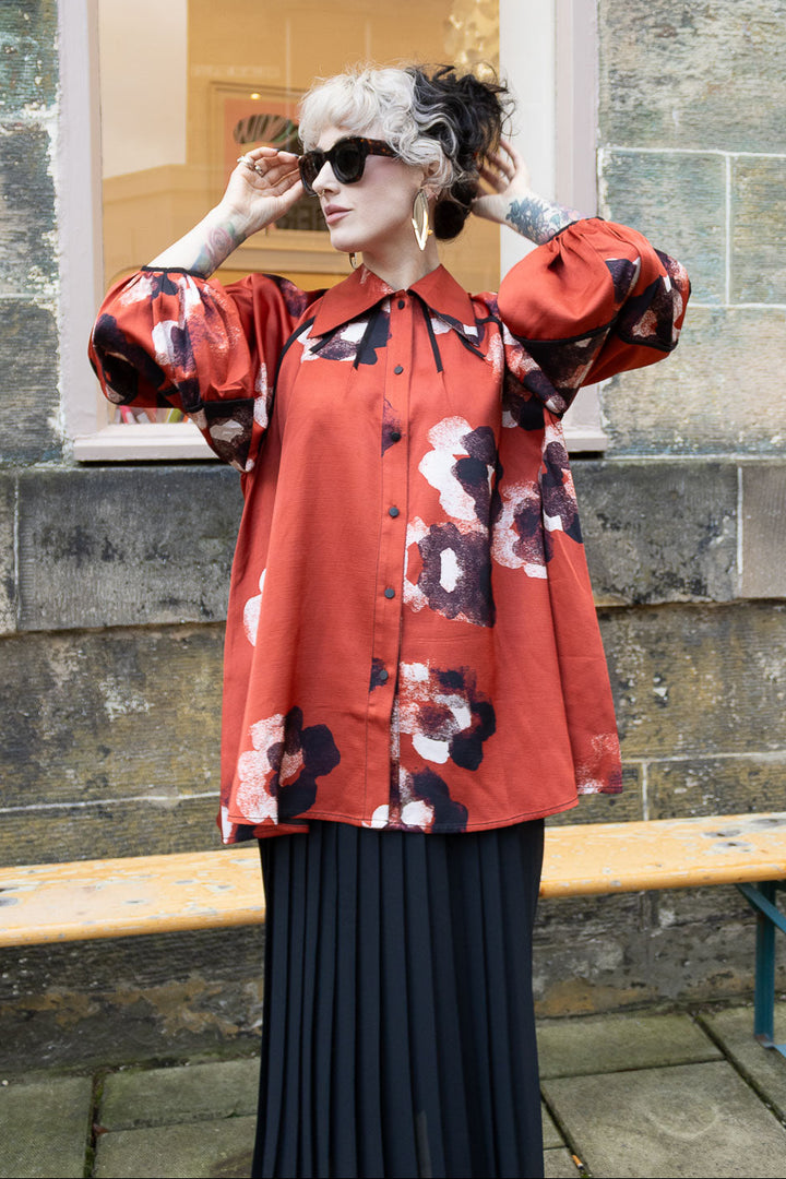 Classic Tilly Shirt - Crimson Red/Water Floral Print Viscose linen Satin