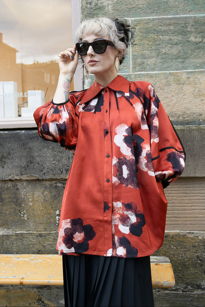 Classic Tilly Shirt - Crimson Red/Water Floral Print Viscose linen Satin