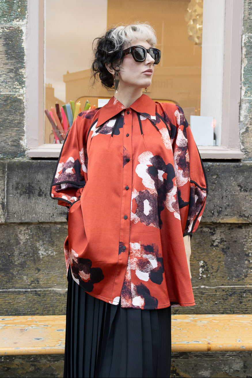 Classic Tilly Shirt - Crimson Red/Water Floral Print Viscose linen Satin