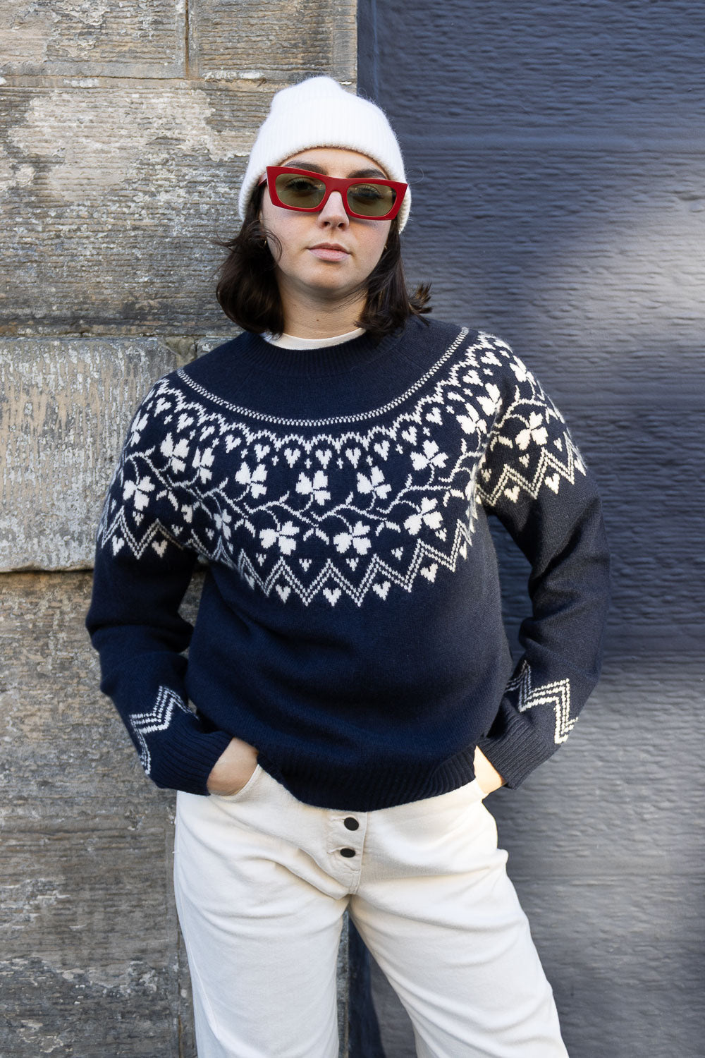 Clover Cashmere/Wool Crew - Navy/Cream