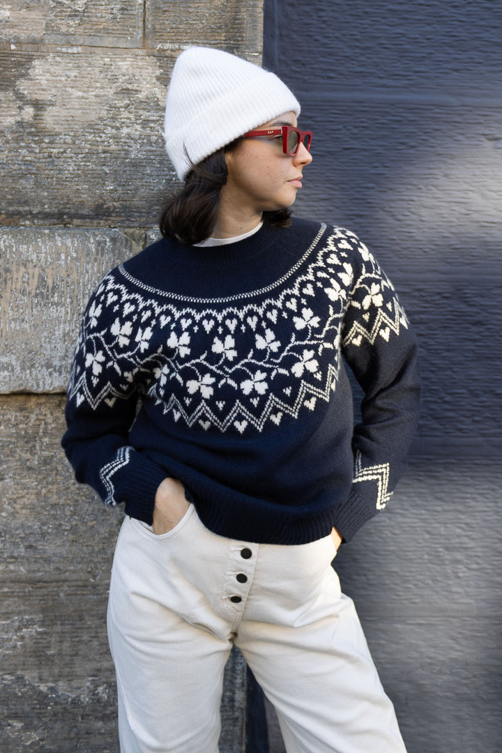 Clover Cashmere/Wool Crew - Navy/Cream