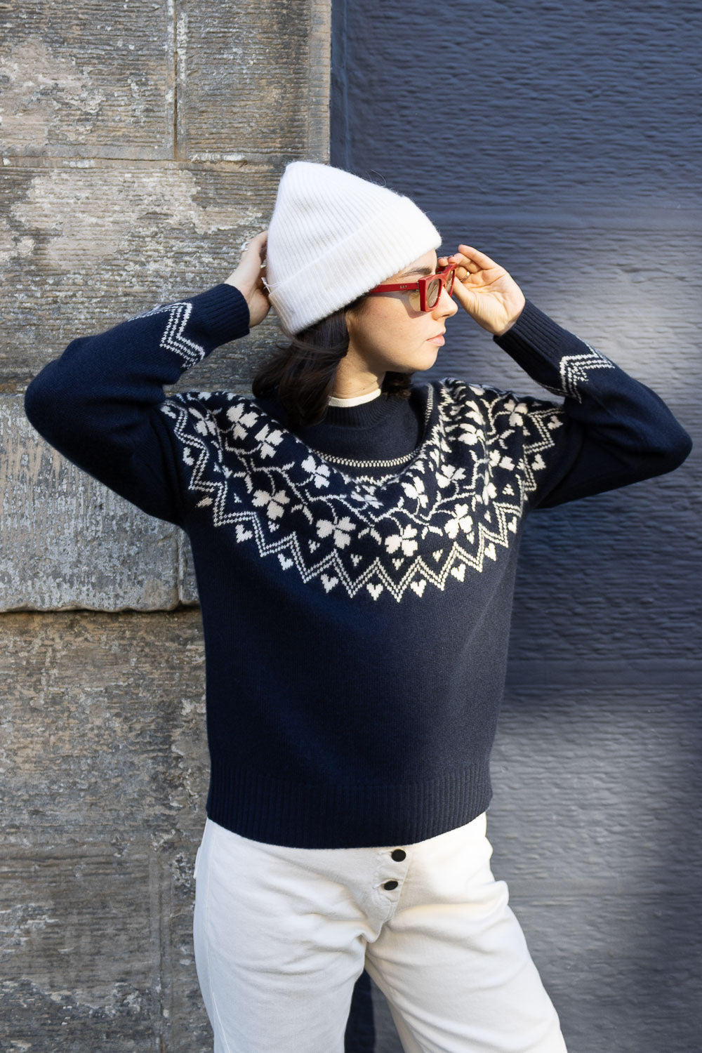 Clover Cashmere/Wool Crew - Navy/Cream