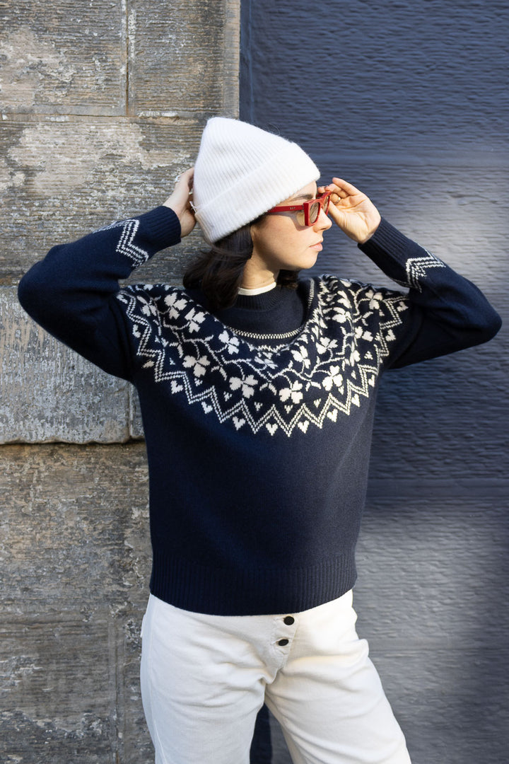 Clover Cashmere/Wool Crew - Navy/Cream