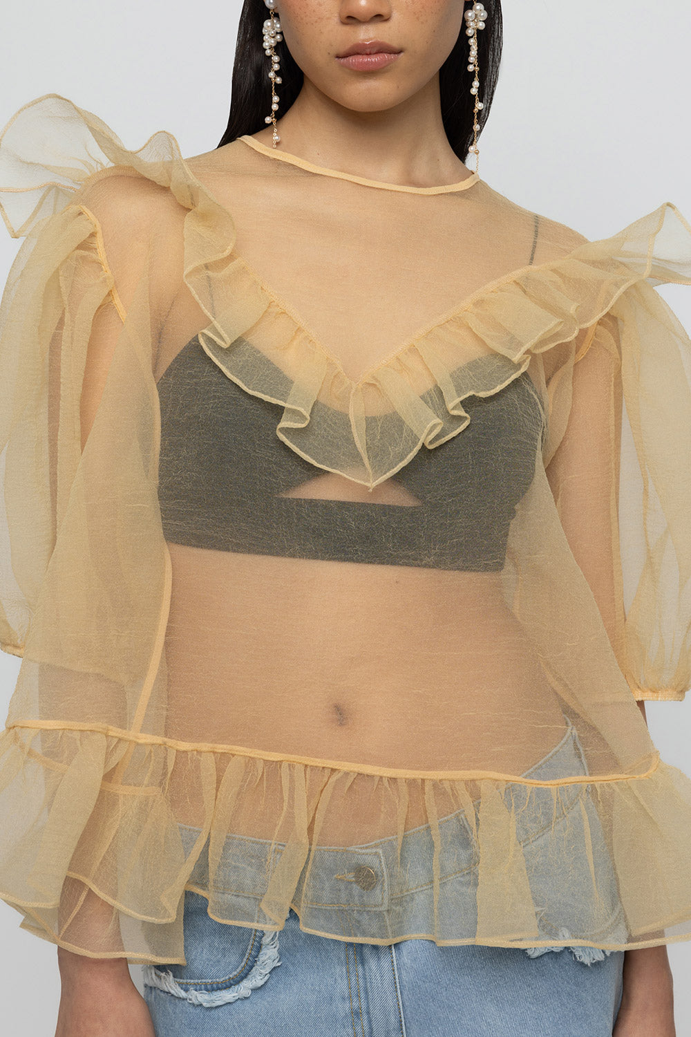 Organza Balloon Sleeve Top & Bralette - Yellow - Frontiers Woman