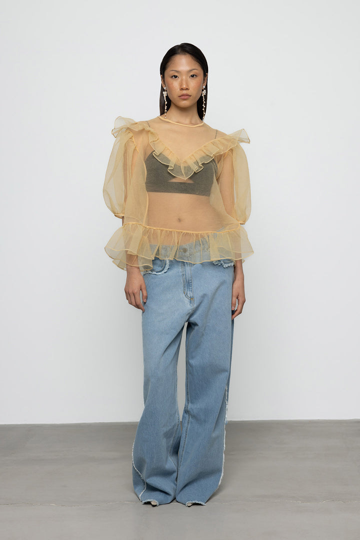 Organza Balloon Sleeve Top & Bralette - Yellow - Frontiers Woman