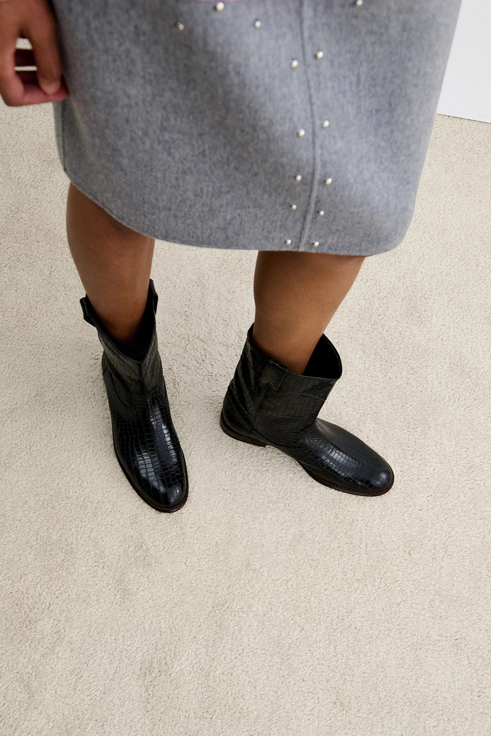 Benny Boot - Black Croc Print Leather