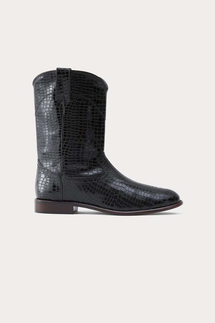 Benny Boot - Black Croc Print Leather
