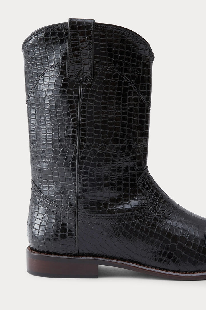 Benny Boot - Black Croc Print Leather