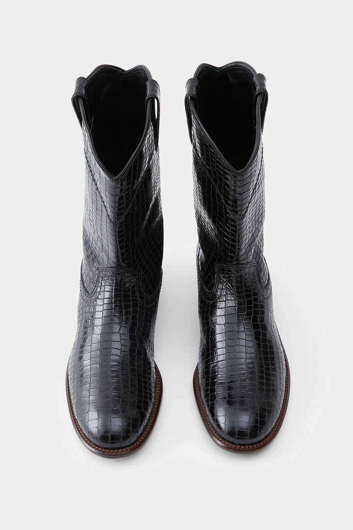 Benny Boot - Black Croc Print Leather