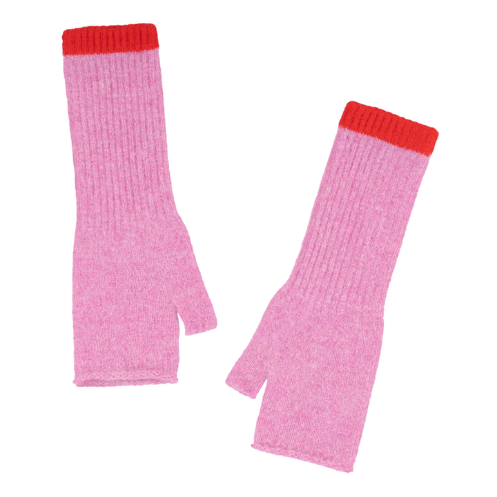 Fingerless Wristwarmers with Contrast Cuff - Pink/Red