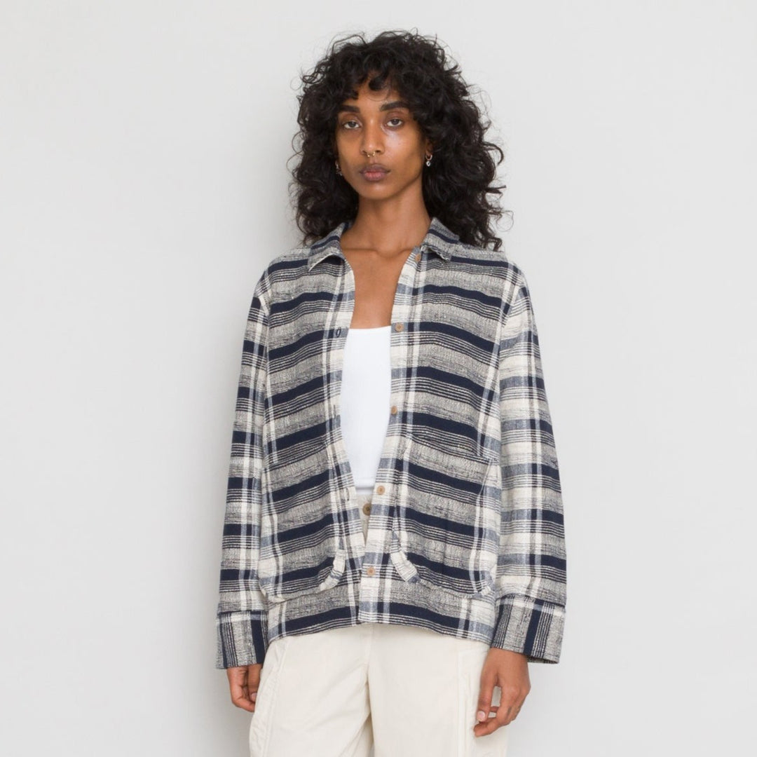 Pleated Shirt - Navy Basket Weave Check
