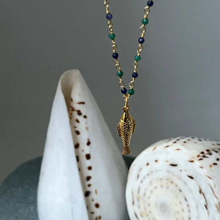 Celestial Fish On Short Jade And Sapphire Rosary Necklace