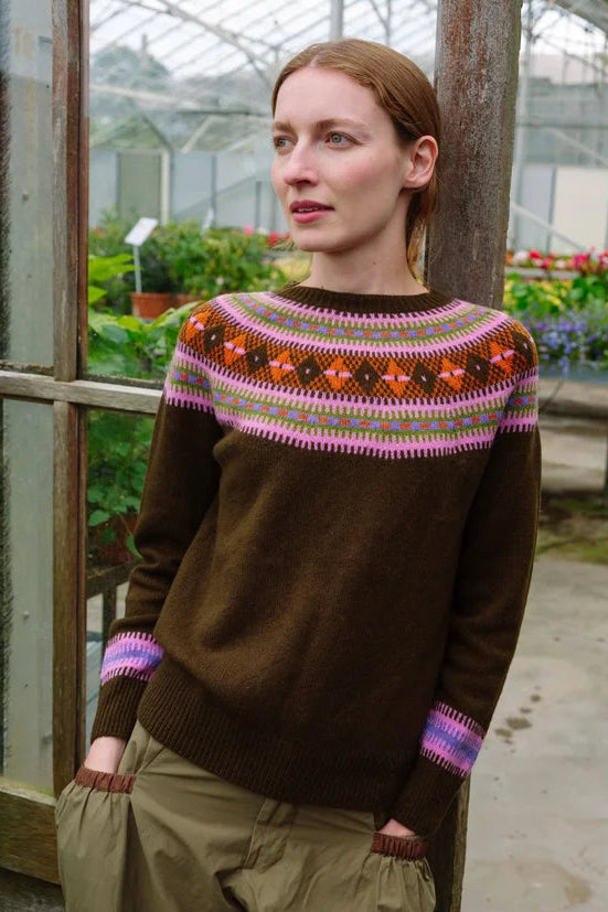 Fairisle Yoke Jumper in Khaki Brown