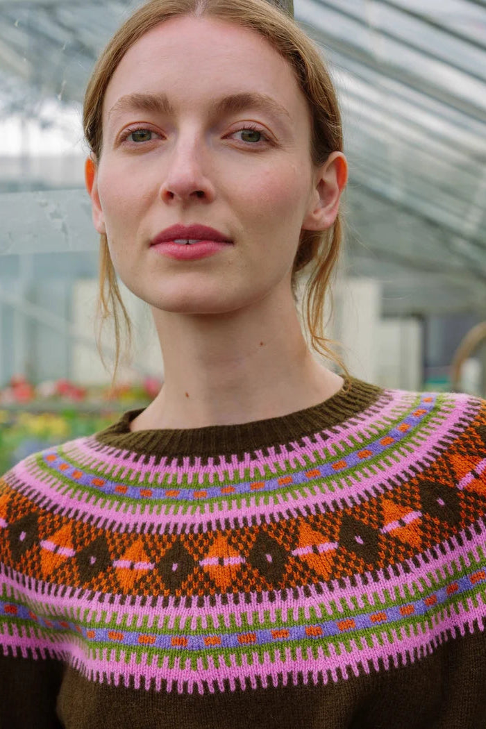 Fairisle Yoke Jumper in Khaki Brown