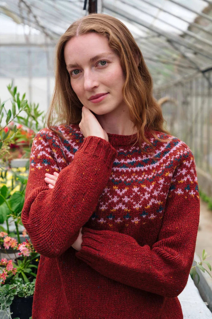 Donegal Chunky Fairisle Yoke Jumper in Rust Fleck