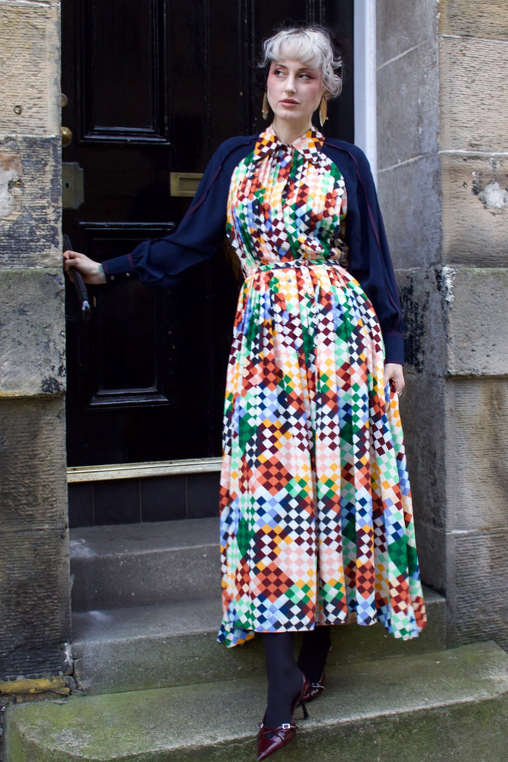 Zahara Dress - Navy/Multicolour Harlequin Print