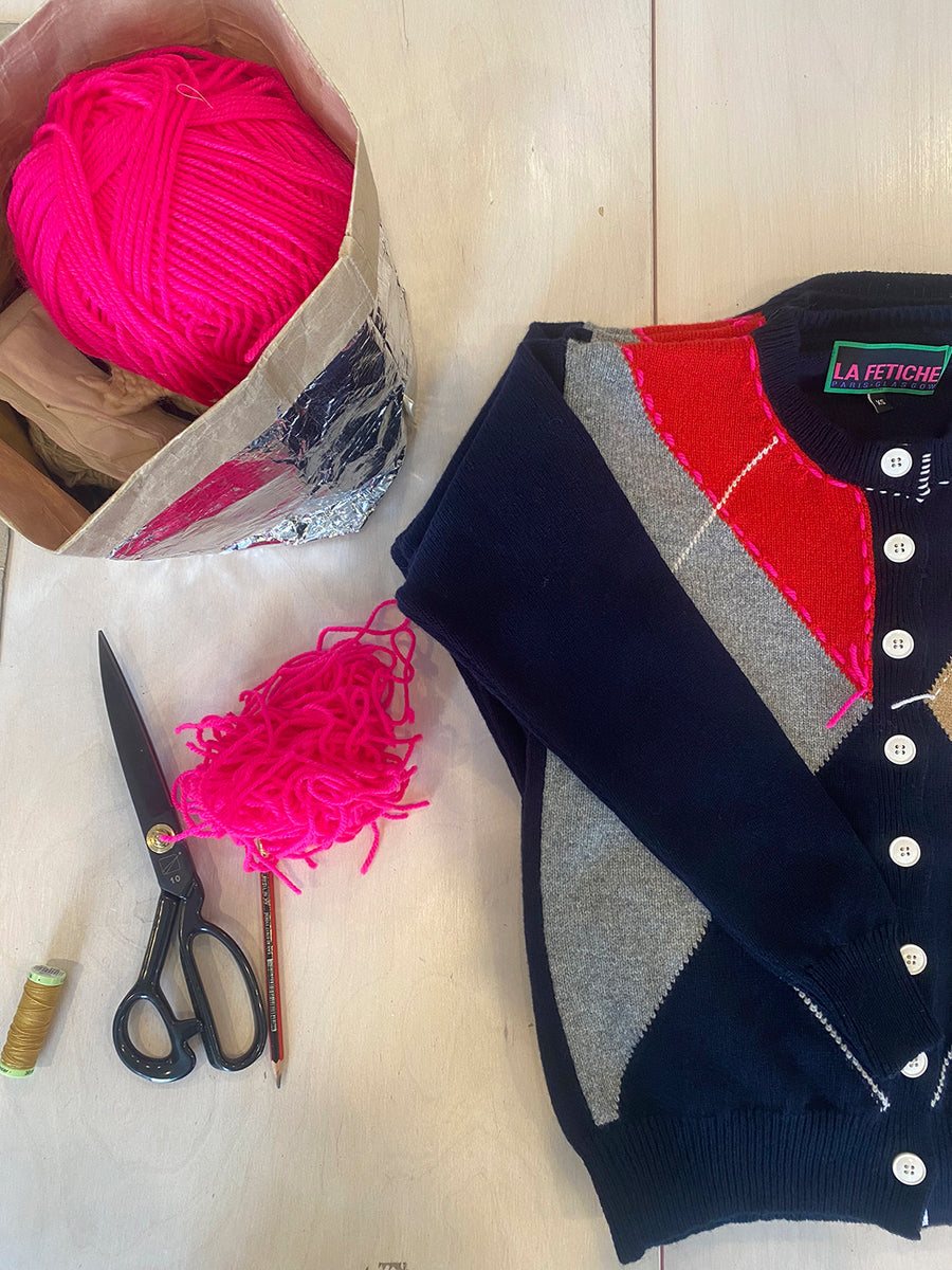 Argyle Crew Neck Cardigan - Multi