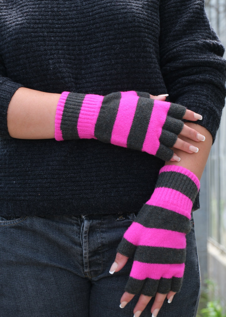 Striped Fingerless Gloves - Khaki/Pink