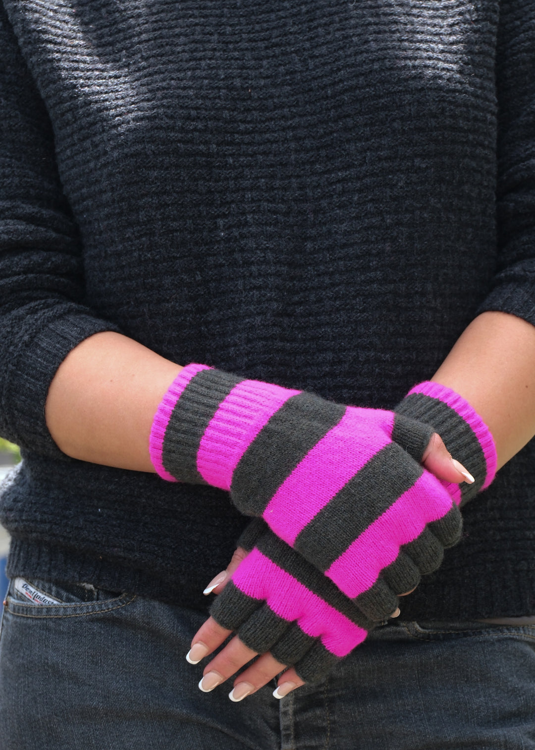 Striped Fingerless Gloves - Khaki/Pink