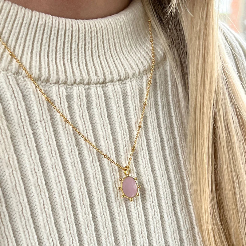 Astrid Pink Chalcedony Glass Pendant On Short Satellite Chain Necklace