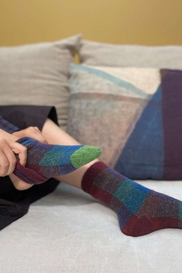 Tartan Wool Socks - Blue/Burgundy