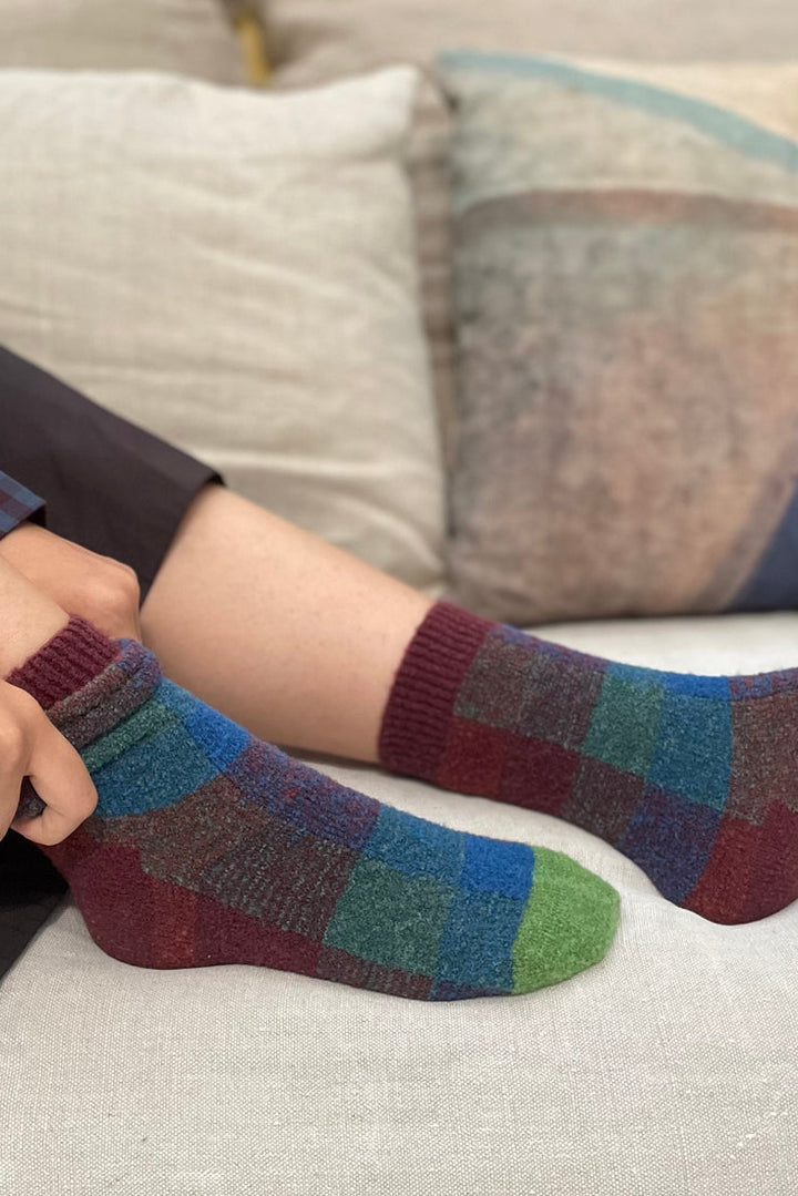 Tartan Wool Socks - Blue/Burgundy